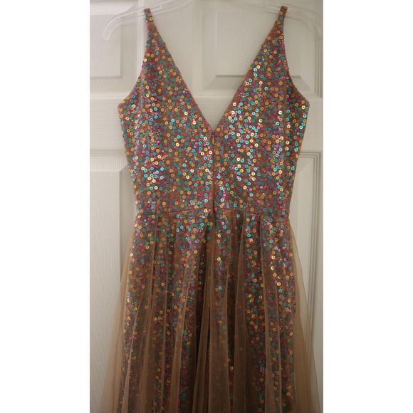 Dress The Population Sz XS Nude/Multi Ensley Sequin Embroidered Tulle Dress $298 - Picture 5 of 13